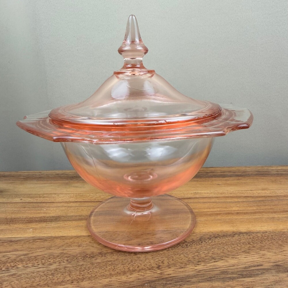 Vintage Pink Depression Glass Lidded Candy Dish Footed Scalloped Bowl Art Deco